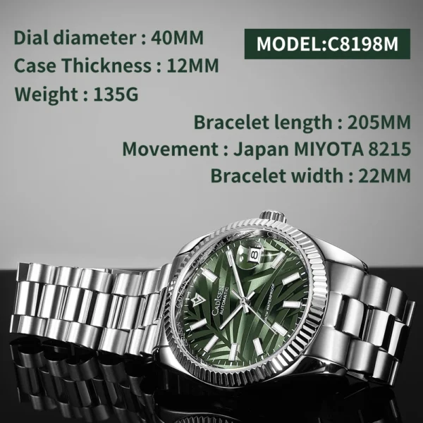 Cadisen C8198MWWL – Relógio Automático de Luxo com Mostrador Verde Oliva - Imagem 2